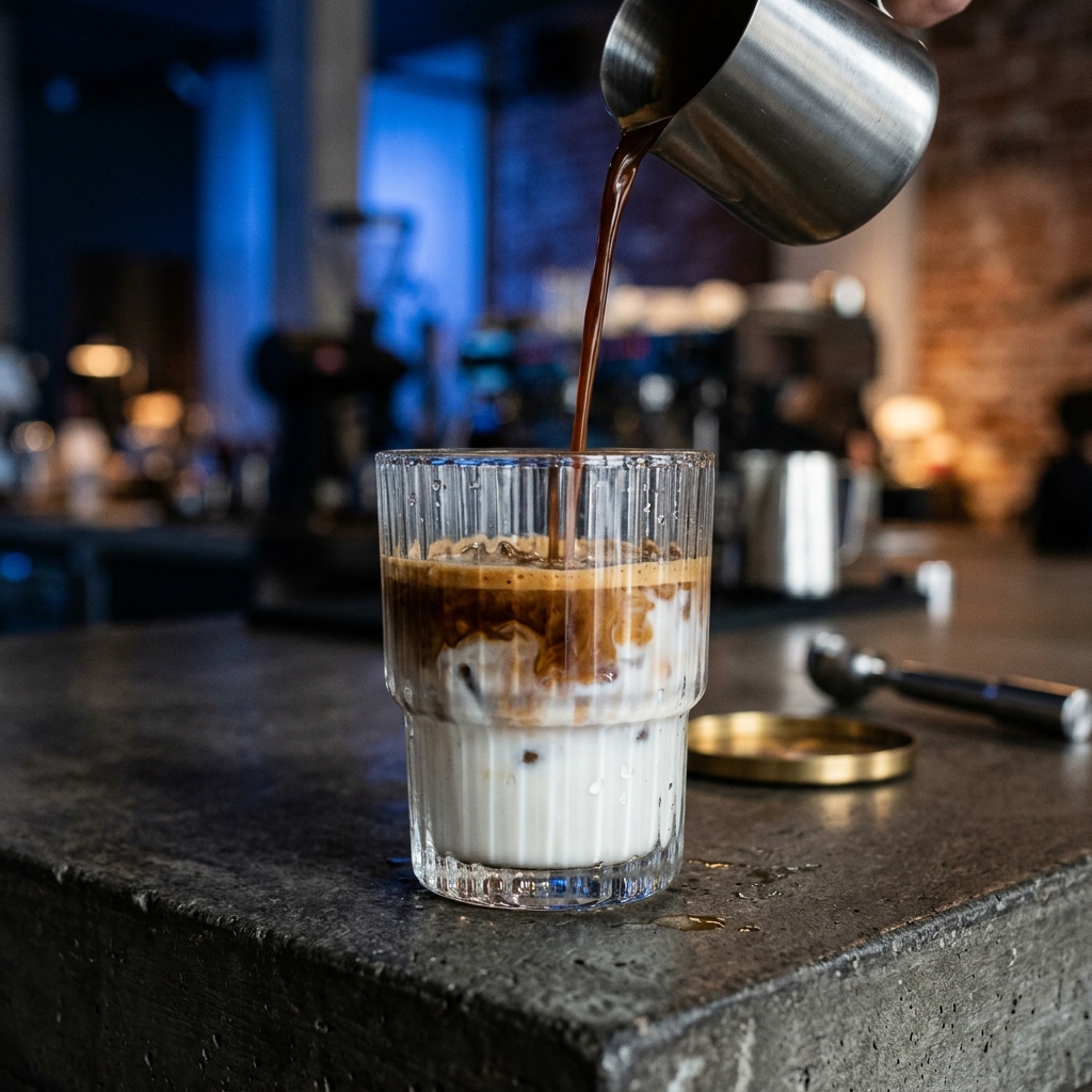 Espresso poured slowly over cold milk in a ribbed glass